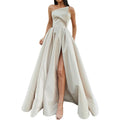 One Shoulder Satin-Inspired Maxi Dress with High Slit and Draped Detail