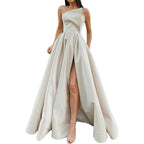 One Shoulder Satin-Inspired Maxi Dress with High Slit and Draped Detail
