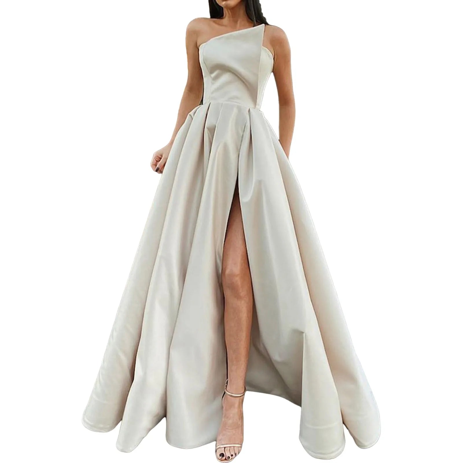 One Shoulder Satin-Inspired Maxi Dress with High Slit and Draped Detail