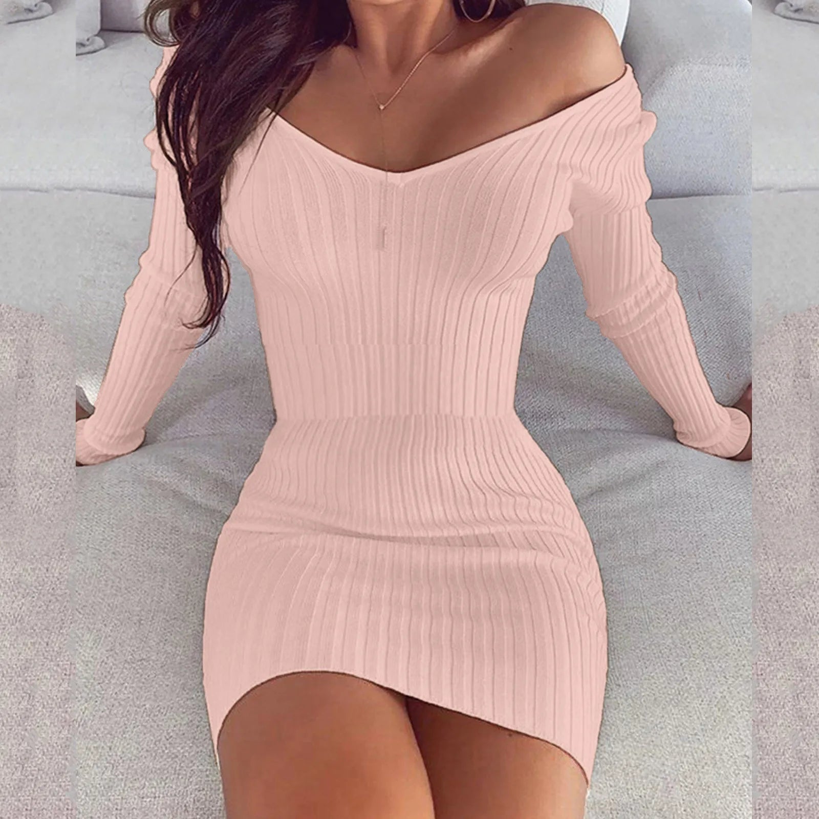 Ribbed Knit Bodycon Mini Dress with Long Sleeves and V Neckline