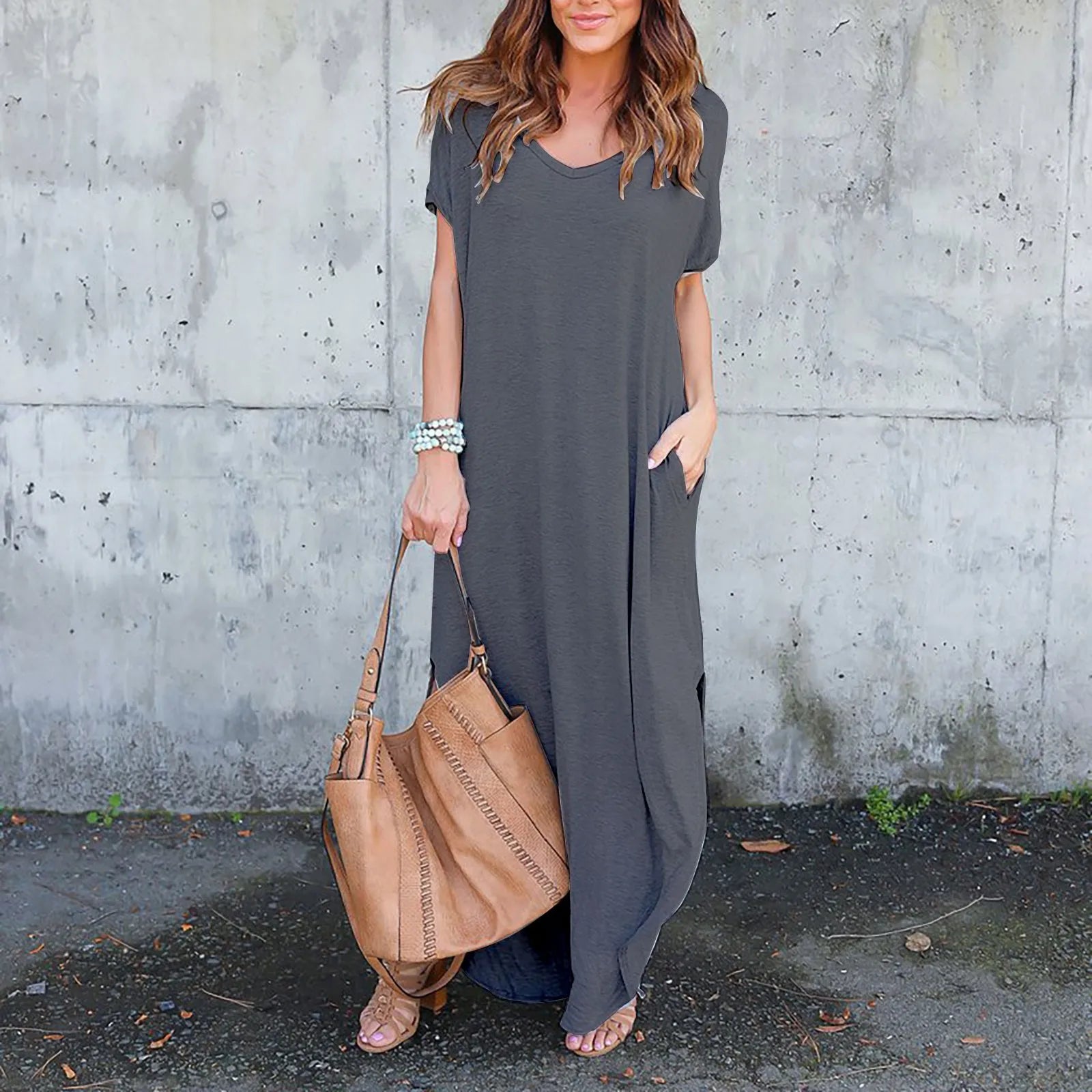 Oversized Short Sleeve Maxi Dress with Side Slit Relaxed Silhouette
