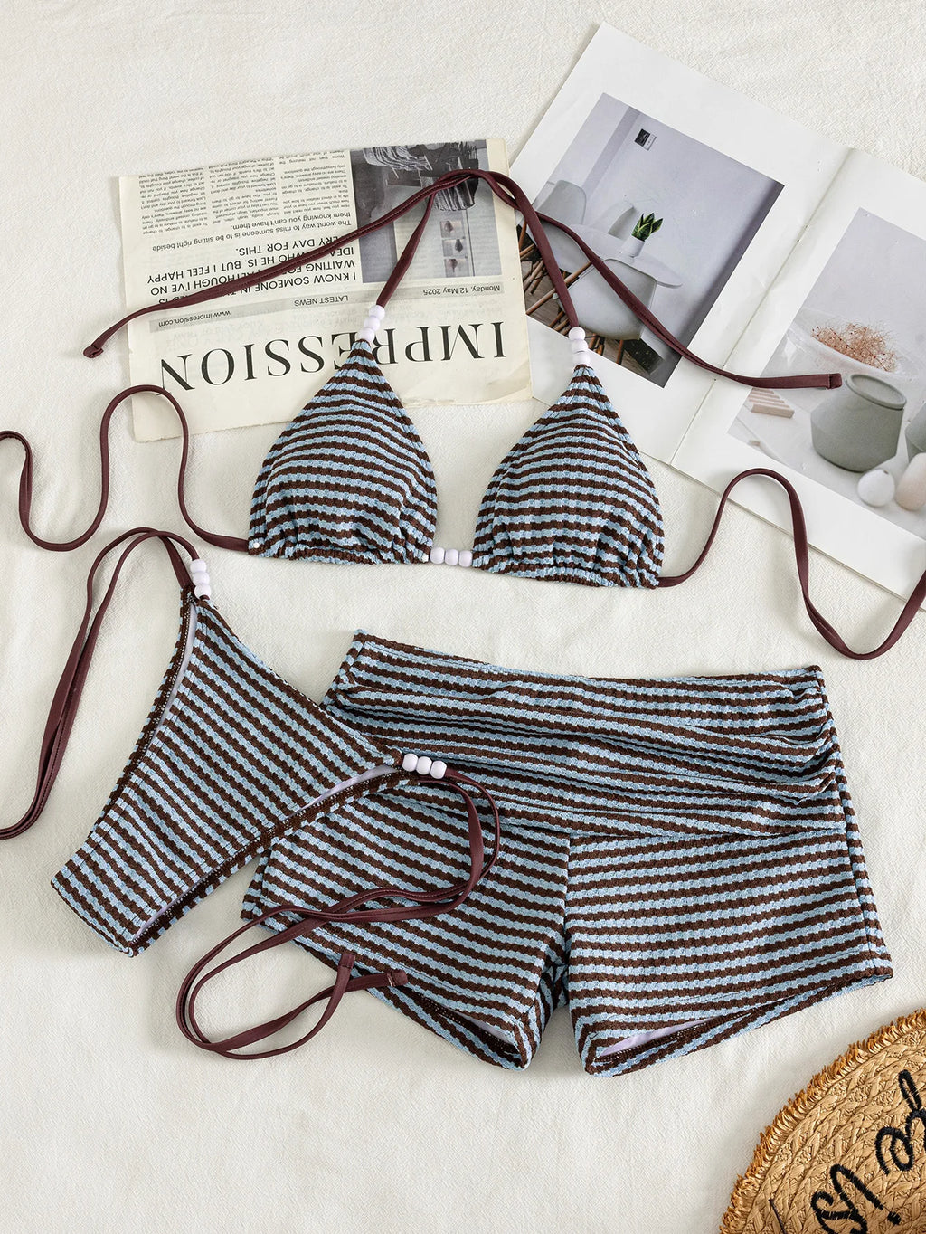 Three-Piece Striped Halter Bikini Set with Matching Swim Shorts