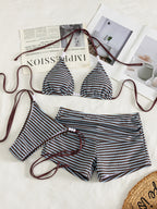 Three-Piece Striped Halter Bikini Set with Matching Swim Shorts