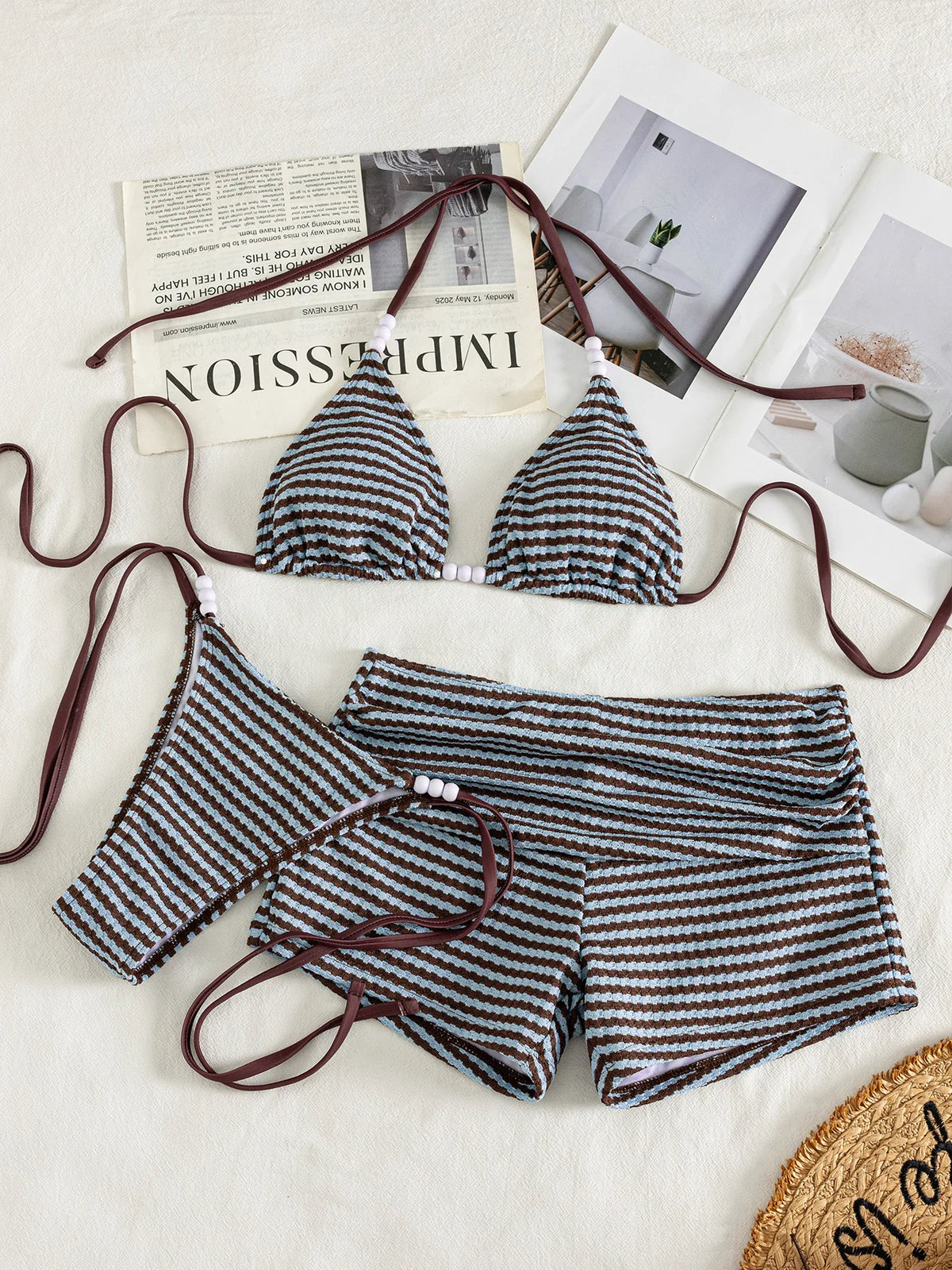 Three-Piece Striped Halter Bikini Set with Matching Swim Shorts