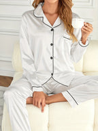 Classic Red Long-Sleeve Pajama Set with Tailored White Piping