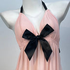 Peach Pleated Mesh Halter Babydoll with Contrast Black Bow Detailing