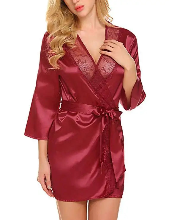 Sophisticated Satin-Finish Wrap Robe with Sheer Lace Lapel Paneling