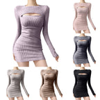 Ribbed Long Sleeve Sweater Mini Dress with Cutout Detail Contemporary Style