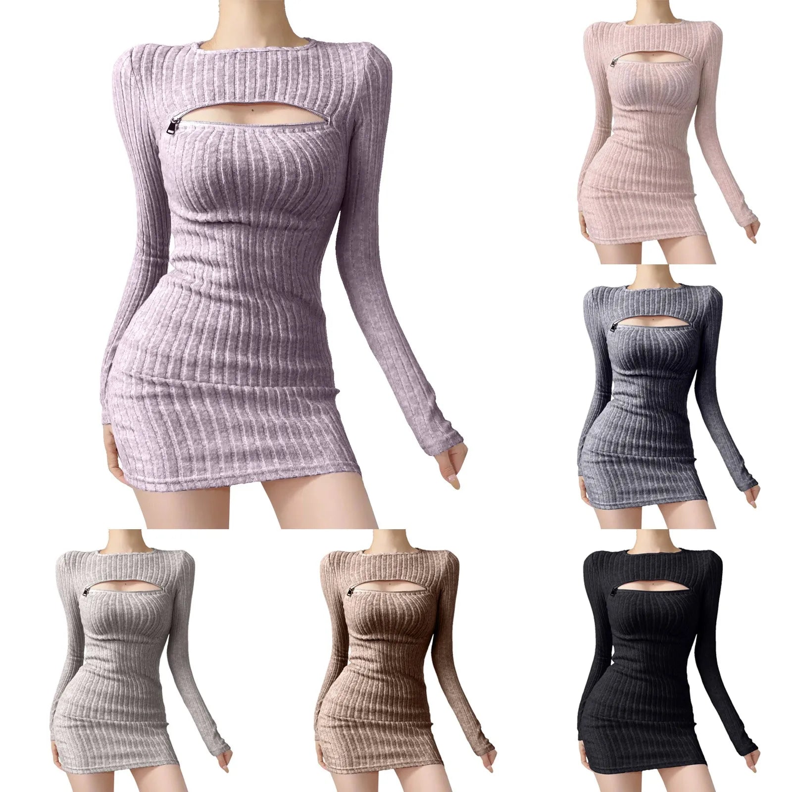 Ribbed Long Sleeve Sweater Mini Dress with Cutout Detail Contemporary Style