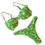 Vibrant Green Floral Underwire Bikini with Ruched Texture