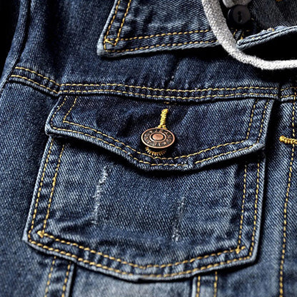 Hooded Denim Style Cropped Jacket with Vintage Streetwear Inspired Design