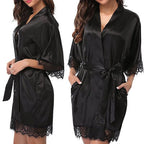 Vibrant Red Satin-Finish Lounging Robe with Delicate Scalloped Lace Trim