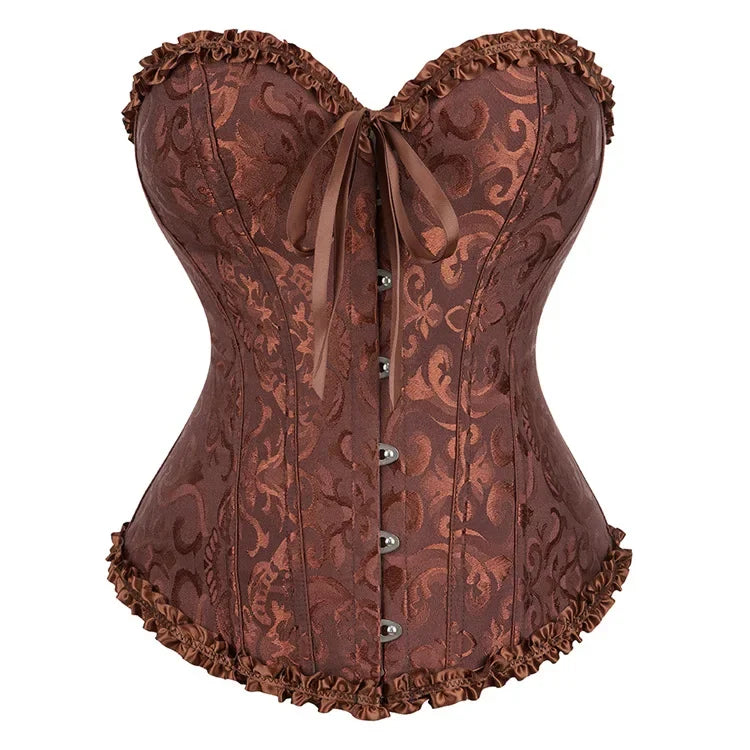 Vintage Floral Jacquard Corset Top with Sweetheart Neckline and Lace-Up Detail