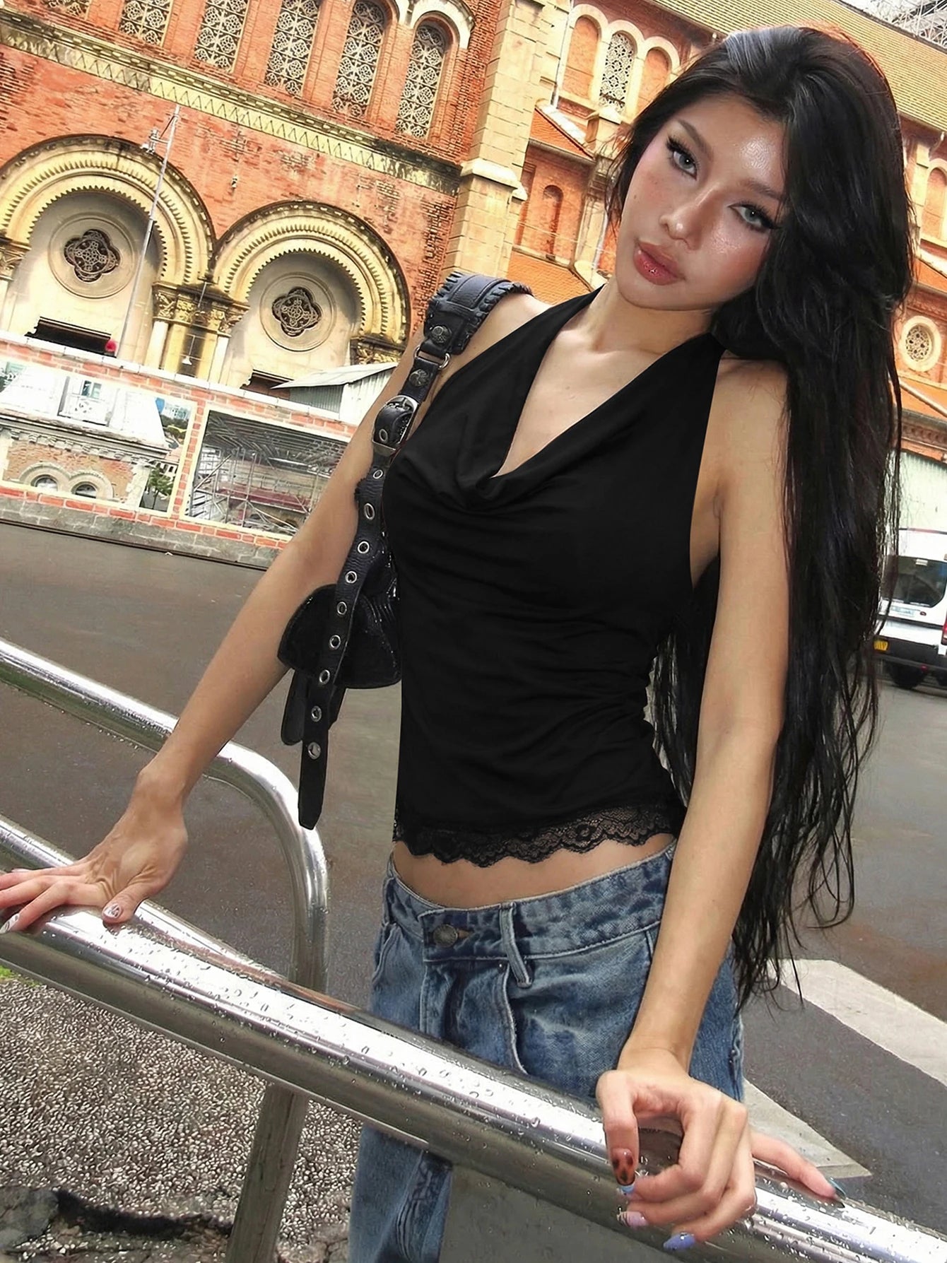 Ruffle Halter Lace-Up Backless Crop Top with Slim Fit Y2K Streetwear Style