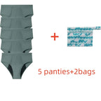 Five-Piece Solid Black Menstrual Brief Set with Two Printed Travel Bags