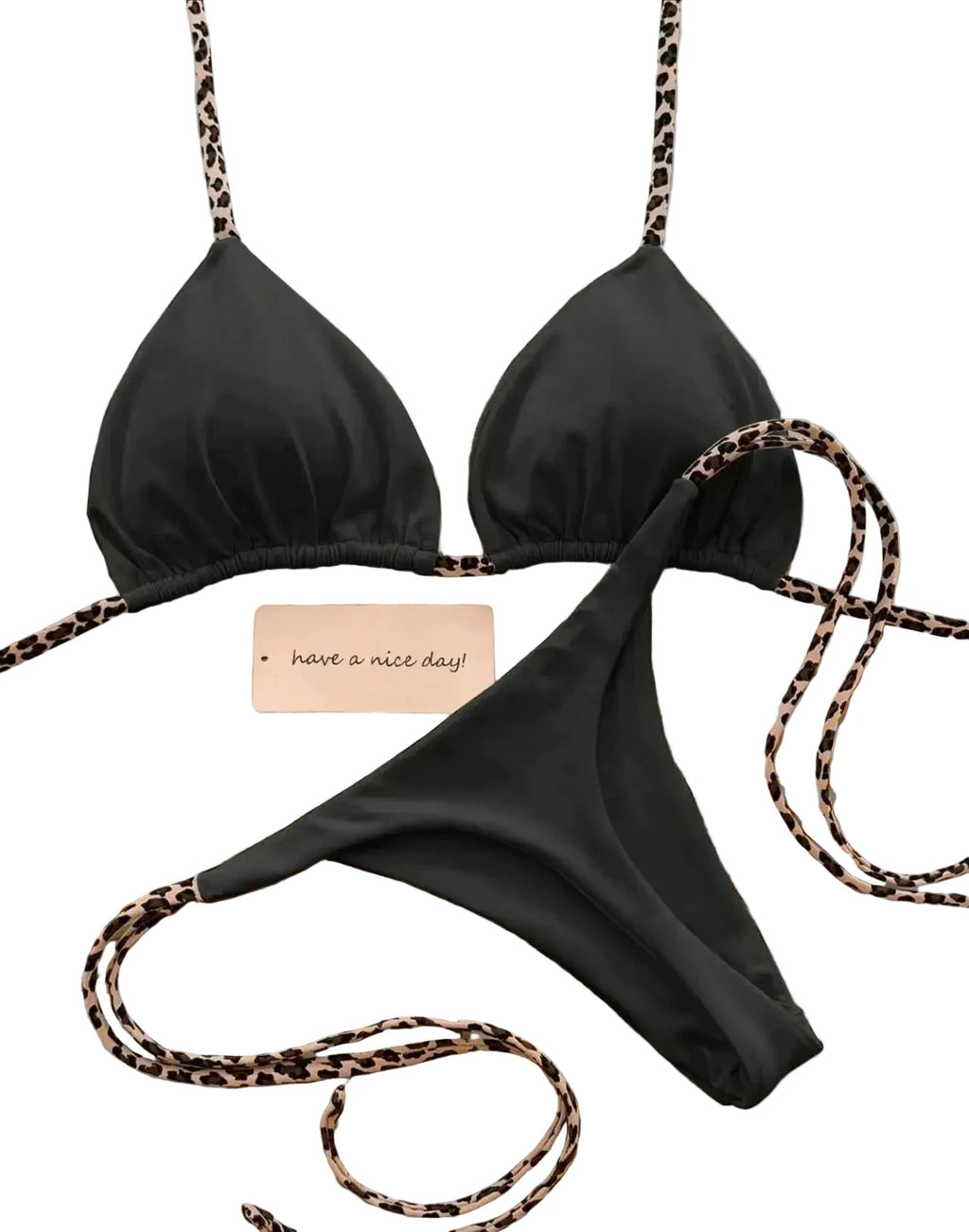 Contrast Leopard Strap Two-Piece Bikini with High-Cut Silhouette