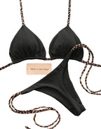 Contrast Leopard Strap Two-Piece Bikini with High-Cut Silhouette