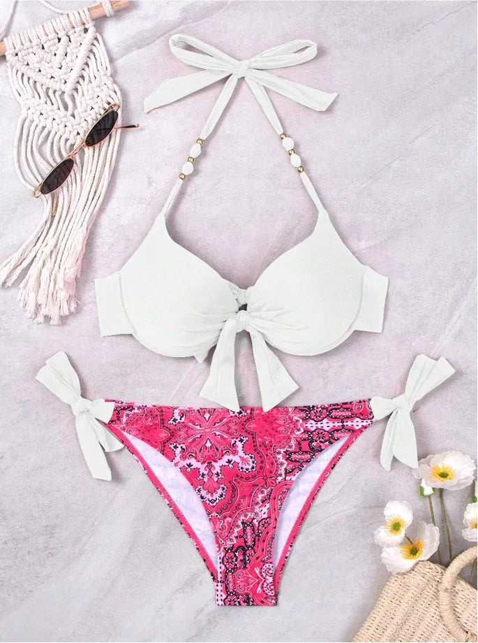 Neon Green Underwire Halter Bikini with Printed Side-Tie Bottom