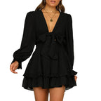 Long Sleeve V-Neck Tie Front Ruffle Mini Dress with Flared Hem