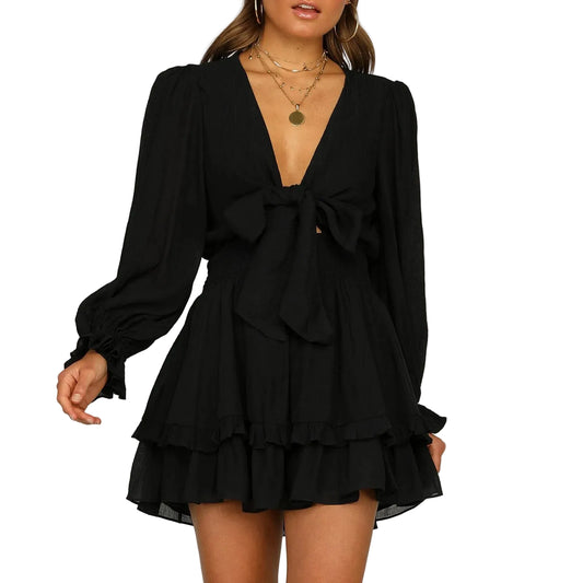 Long Sleeve V-Neck Tie Front Ruffle Mini Dress with Flared Hem