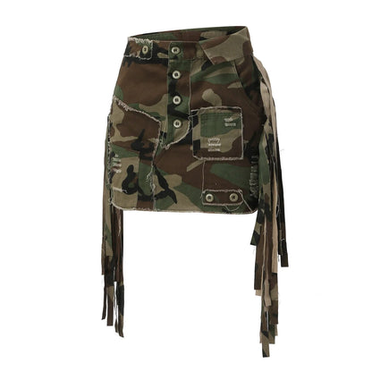 Utility Cargo Mini Skirt With Pocket Details And Fringe Accents