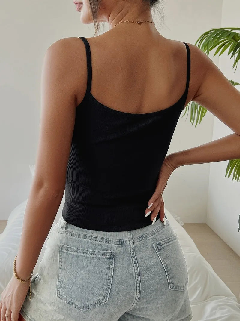 Button Front Corset Crop Top with Spaghetti Straps Slim Streetwear Fit