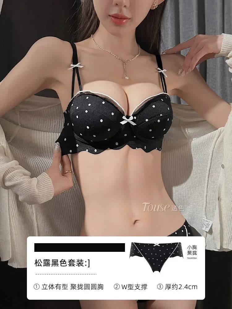 Graphic Dot Print Demi Bra and Matching Contrast-Trim Panty Set