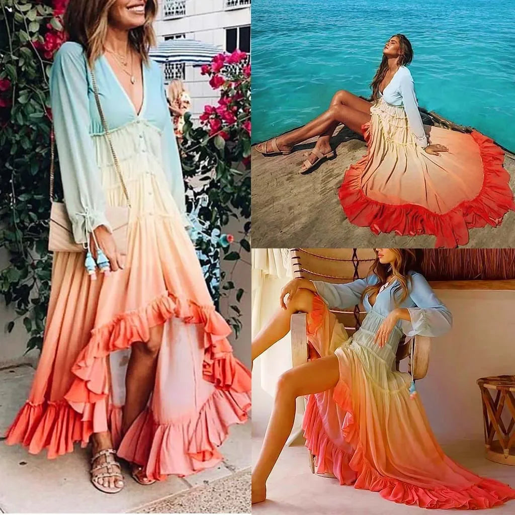 Gradient Bohemian Maxi Dress with V Neck and Tassel Sleeve Details