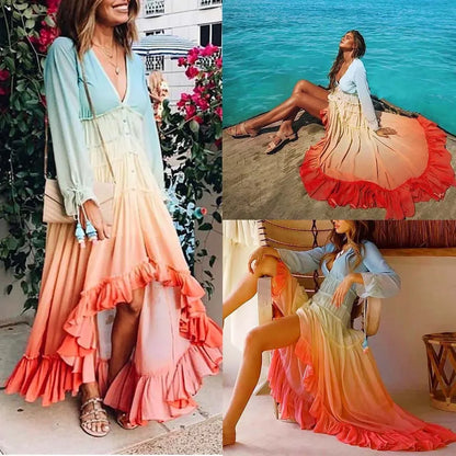 Gradient Bohemian Maxi Dress with V Neck and Tassel Sleeve Details