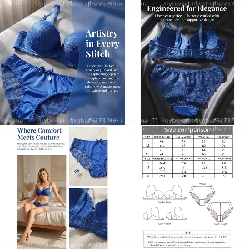 Cobalt Blue Floral Lace Contour Push-Up Bra and Matching Hipster Panty Set