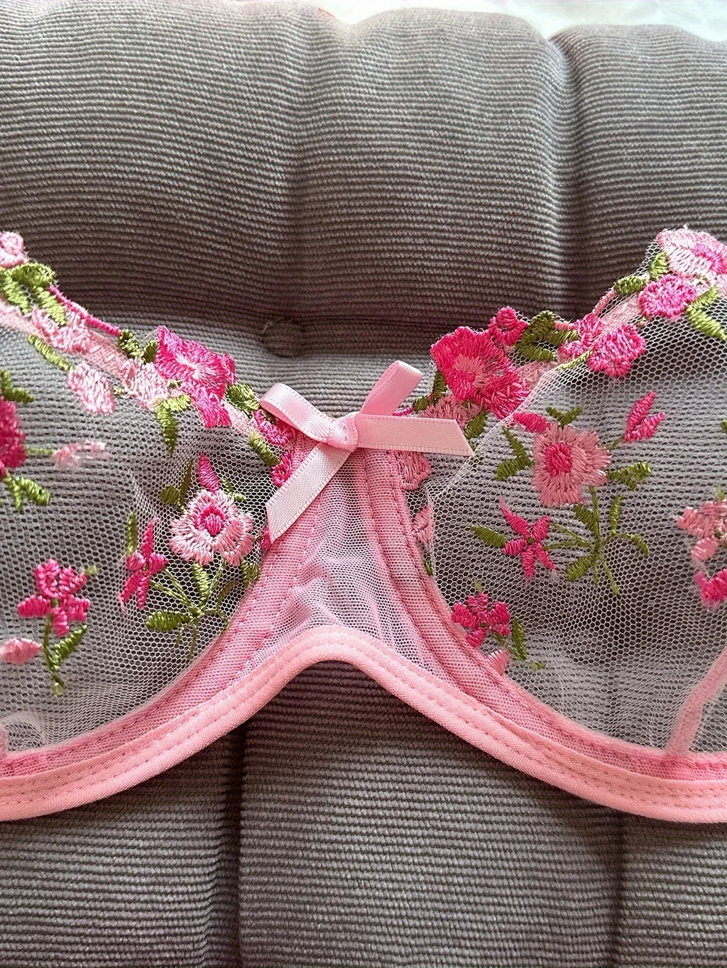 Vibrant Floral Rose Embroidery Sheer Underwire Lingerie Set