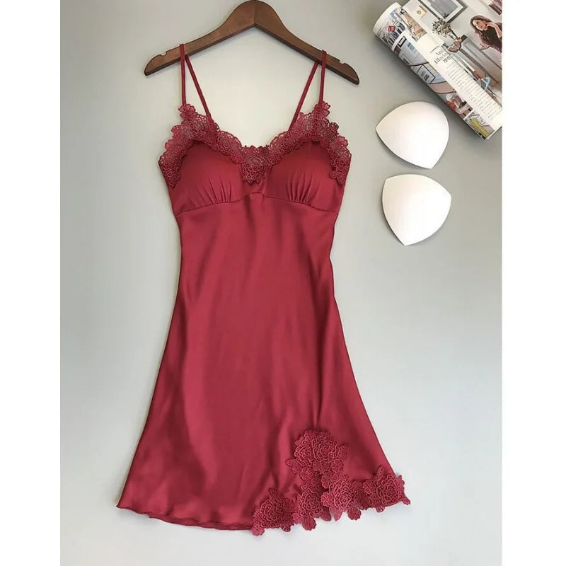 Elegant Smooth Knit Slip Dress with Lace Neckline and Removable Padding