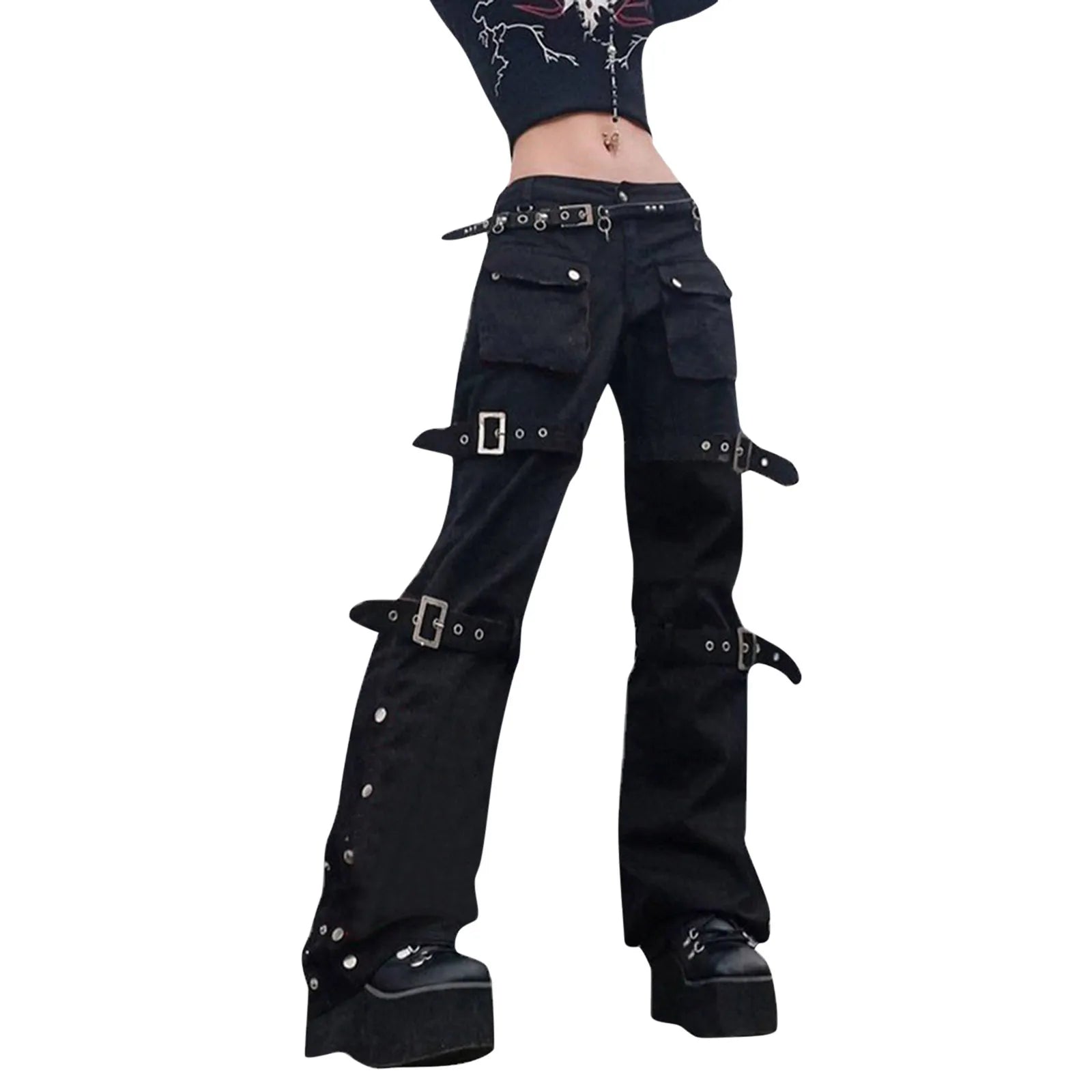 Buckle Detail Flared Pants Punk Inspired Alternative Streetwear Bottoms