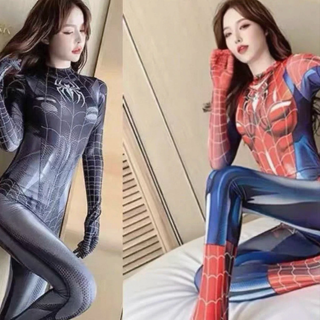Form-Fitting Metallic Silver and Black 3D Spiderweb Print Jumpsuit