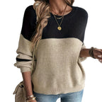Women's Oversized Color Block Crew Neck Ribbed Knit Pullover Sweater