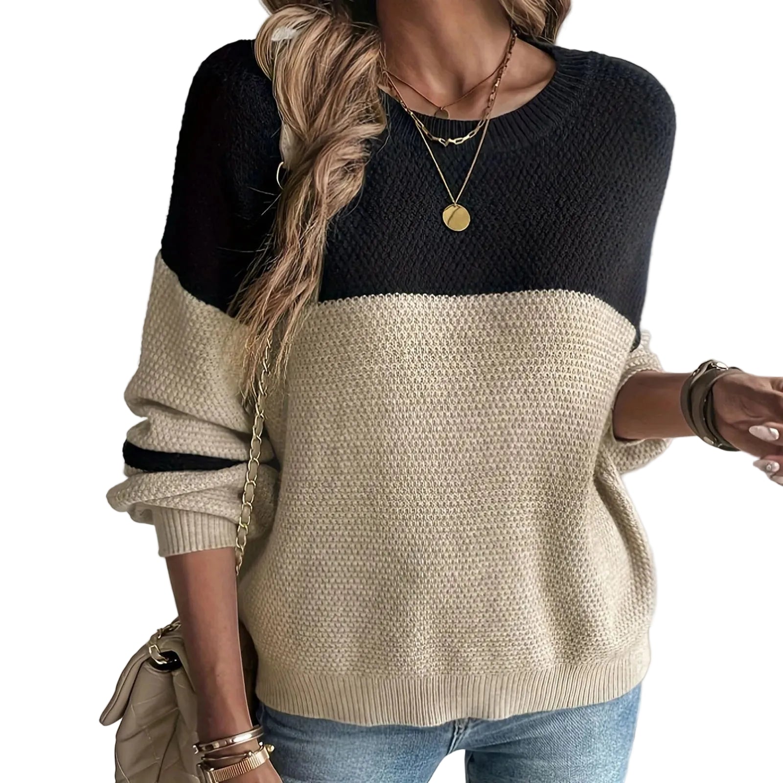 Women's Oversized Color Block Crew Neck Ribbed Knit Pullover Sweater