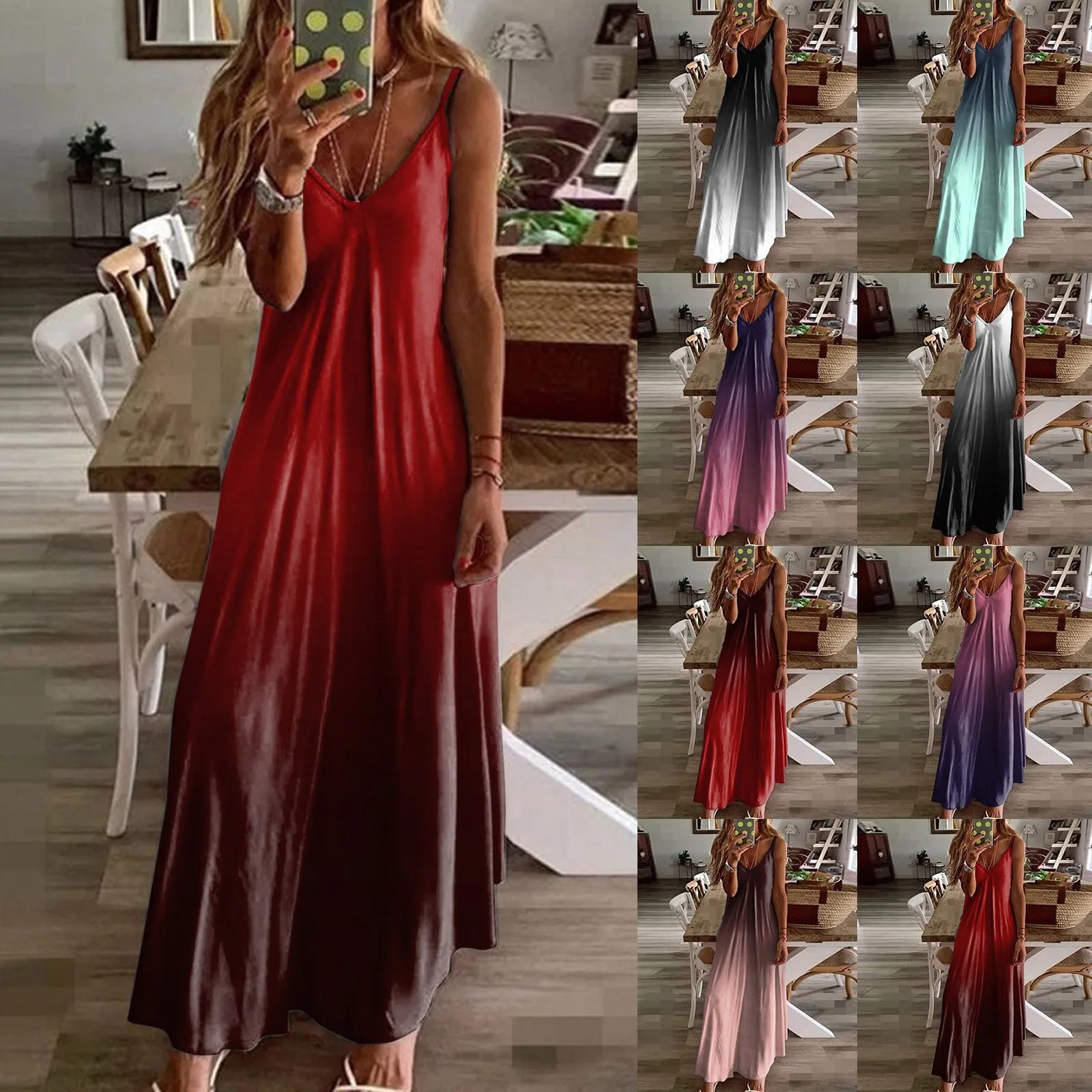 Gradient Print Spaghetti Strap Maxi Dress with Relaxed Boho Silhouette