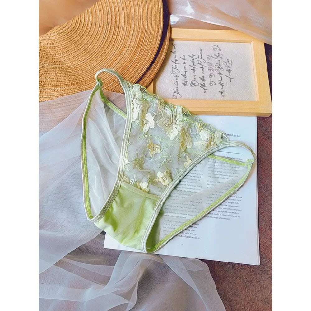 Ethereal Sheer Floral Embroidered Triangle Bralette and Matching Low-Rise Thong Set
