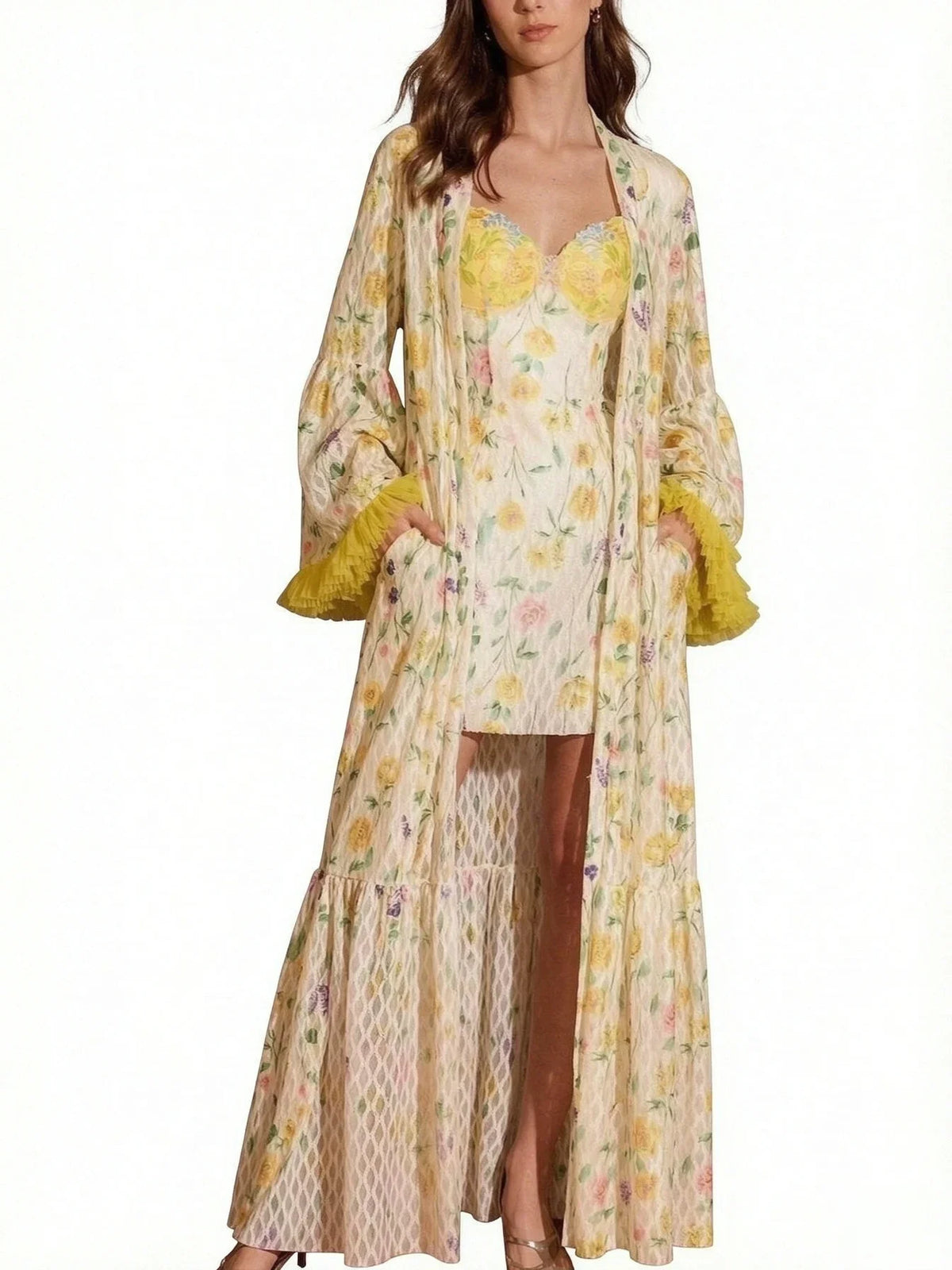 Floral Print Flowing Layered Robe Set with Contrast Trim and Waist Tie