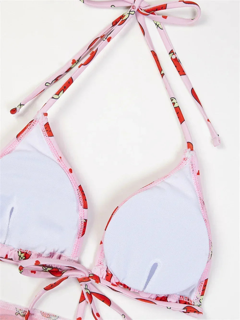 Three-Piece Strawberry Print String Bikini Set with Sheer Wrap Skirt