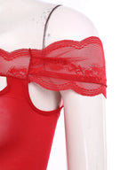 Vibrant Red Off-the-Shoulder Chemise with Chest Cutout and Lace Trim