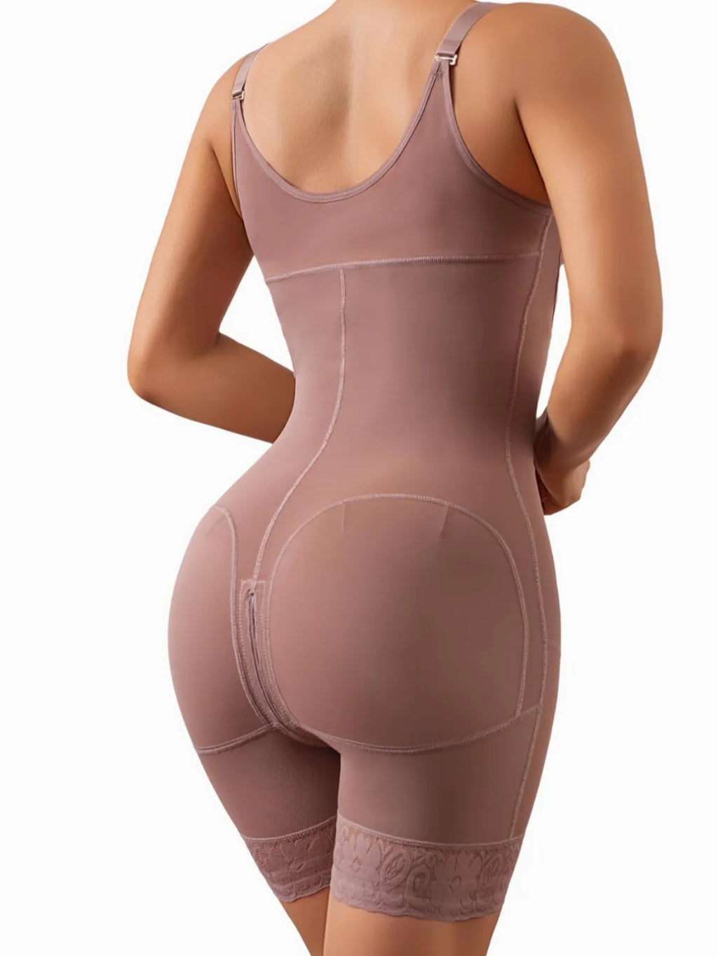 Mocha V-Neck Mid-Thigh Shaping Bodysuit with Front Zipper and Lace Trim