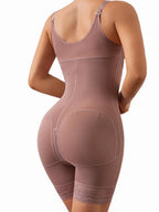Mocha V-Neck Mid-Thigh Shaping Bodysuit with Front Zipper and Lace Trim