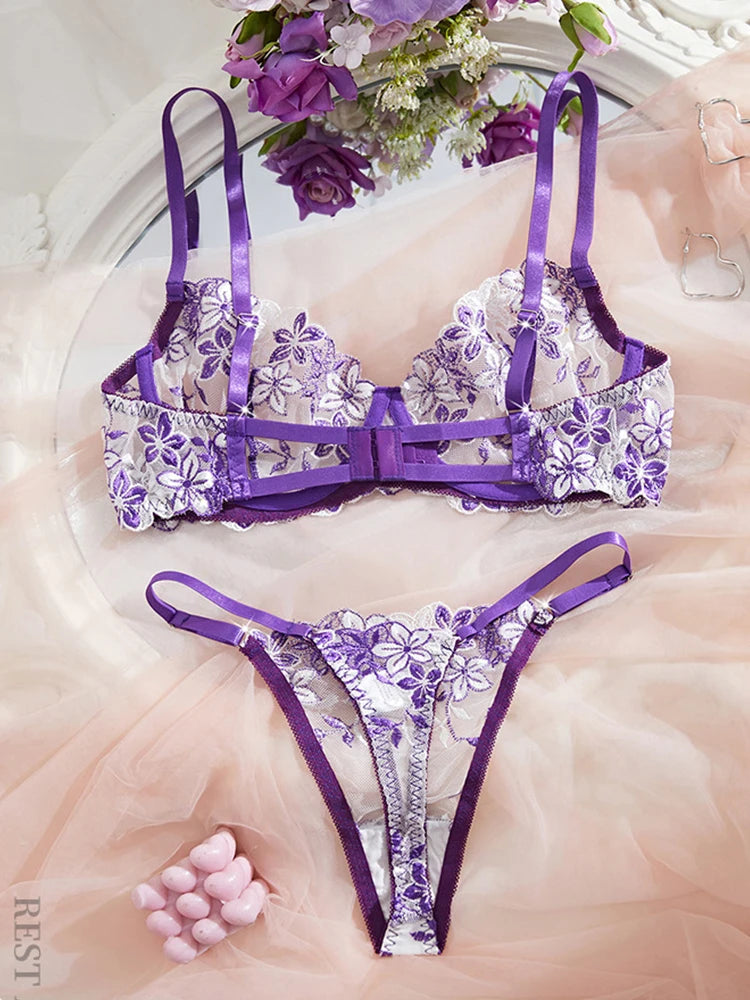 Purple Floral Blossom Embroidered Sheer Underwire Lingerie Set