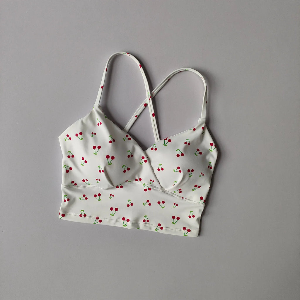 Playful Cherry Print Longline Sports Bra with Criss-Cross Open Back