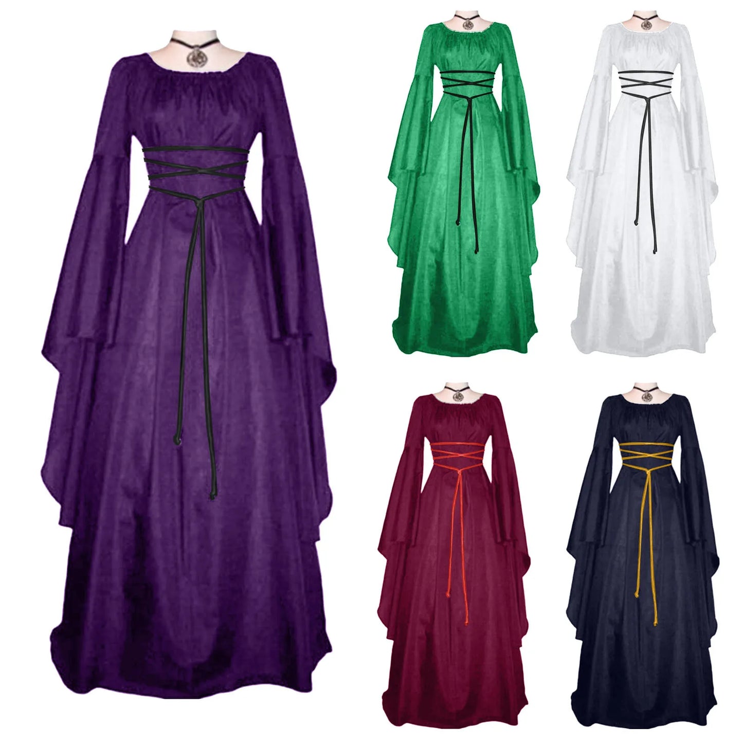 Medieval Fantasy Gothic Maxi Dress with Layered Sleeves and Romantic Elegance