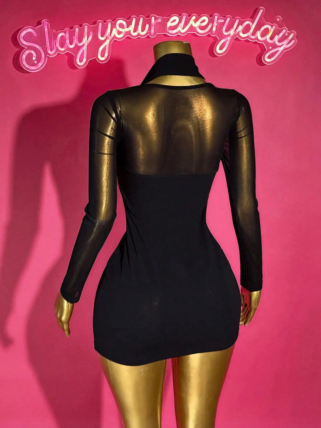 Mesh Sleeve Bodycon Mini Dress with Plunge Neckline Contemporary Party Style