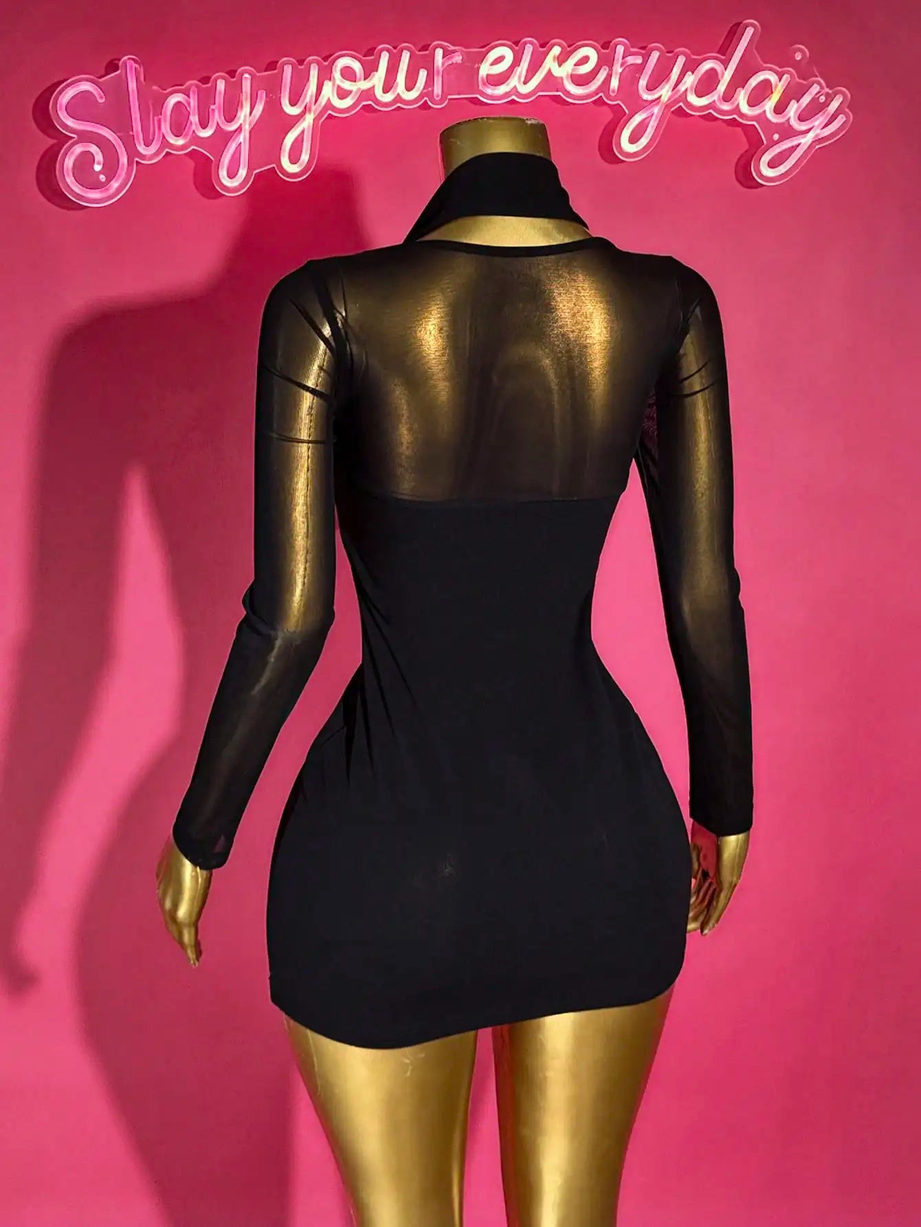 Mesh Sleeve Bodycon Mini Dress with Plunge Neckline Contemporary Party Style