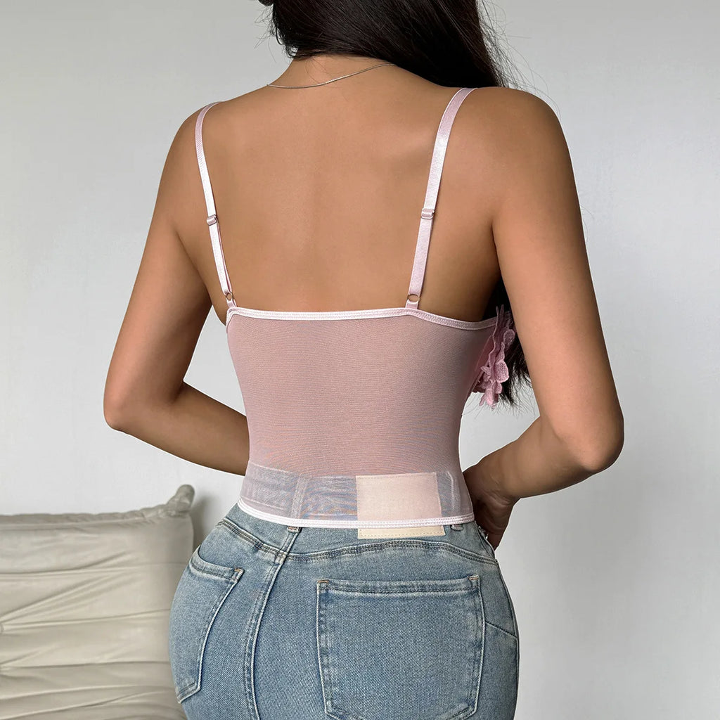 Romantic Light Pink Sheer Mesh Bustier with 3D Floral Appliques and Slender Straps