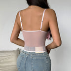 Romantic Light Pink Sheer Mesh Bustier with 3D Floral Appliques and Slender Straps